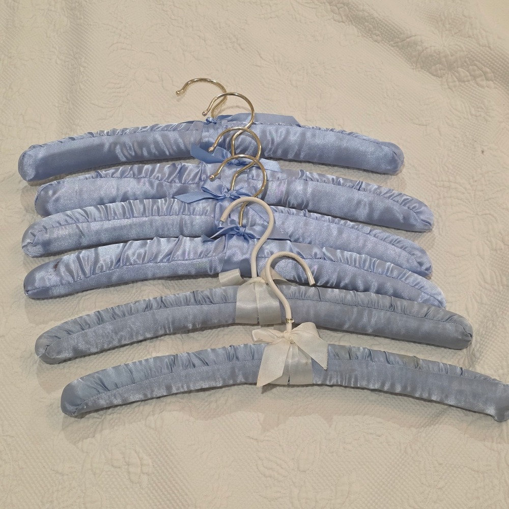Vtg Padded Satin Hangers Set of 6 Light Blue Gold White Hooks Lingerie Care READ